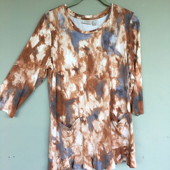 Vintage LOGO by Lori Goldstein Tunic Top Women M Brown Abstract Print Ruffle Y2K - Picture 4 of 11